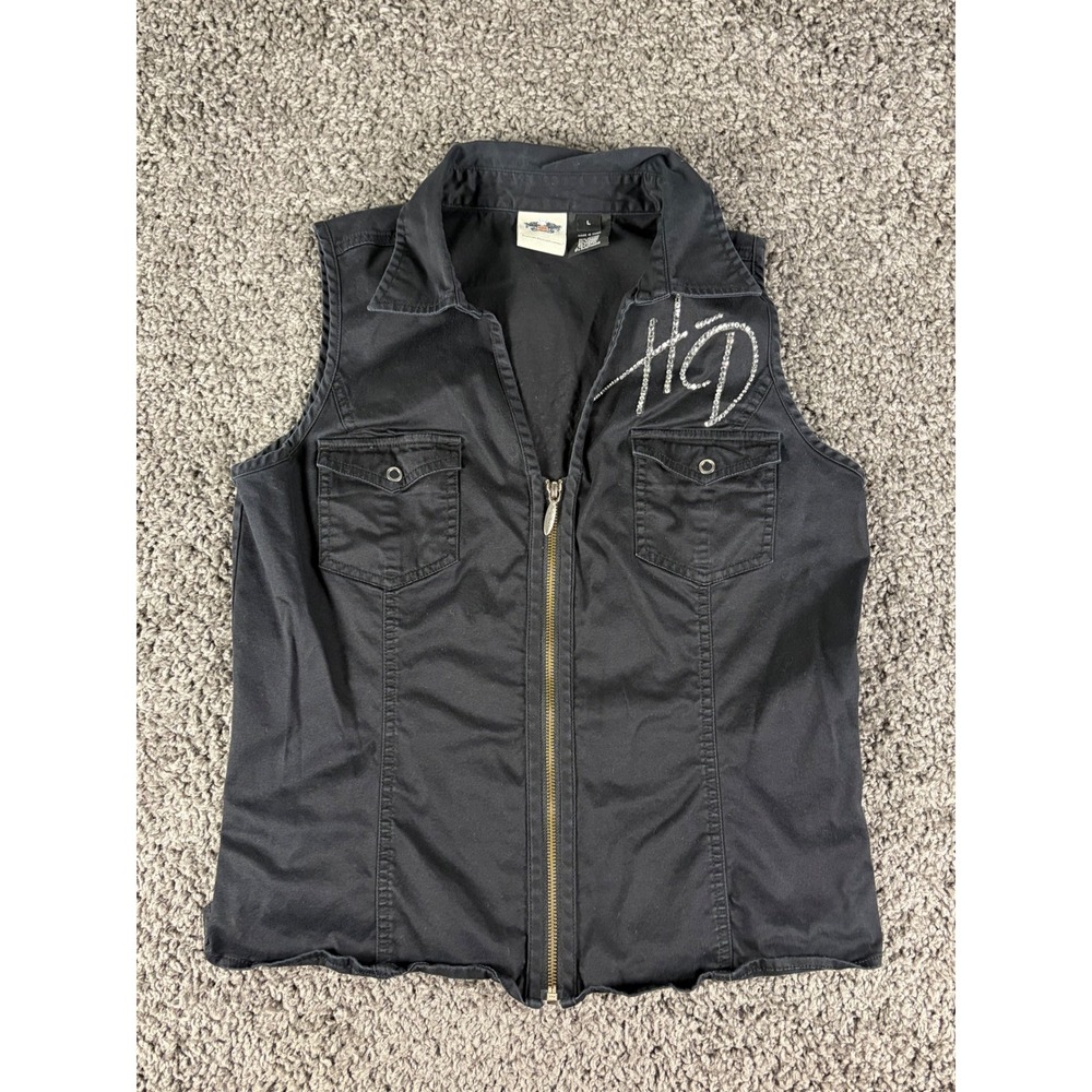 Harley-Davidson Womens Black Rhinestone Flame Zip Up Vest Large